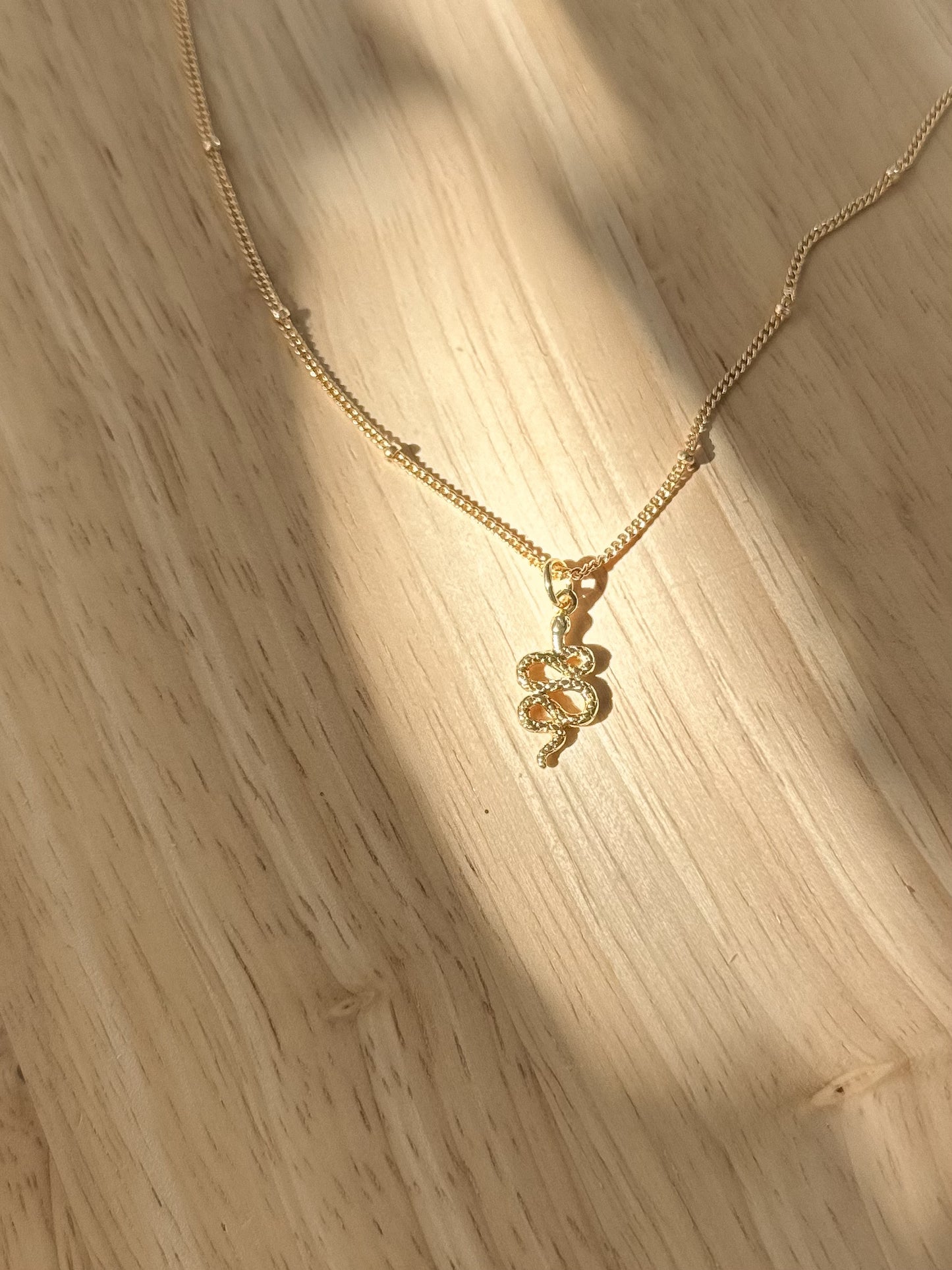 Textured snake pendant on a gold chain on a timber background