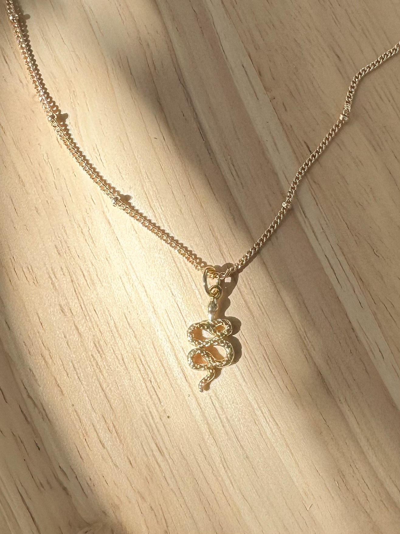 Textured snake pendant on a gold chain on a timber background