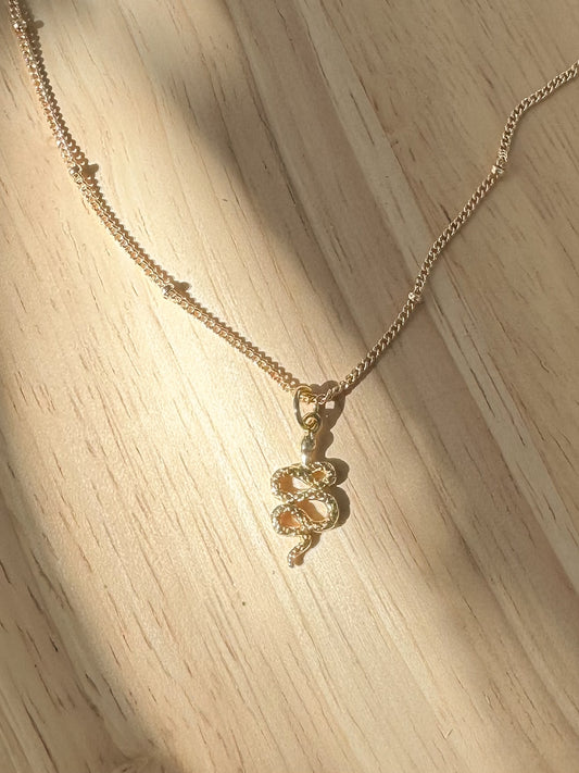 Textured snake pendant on a gold chain on a timber background