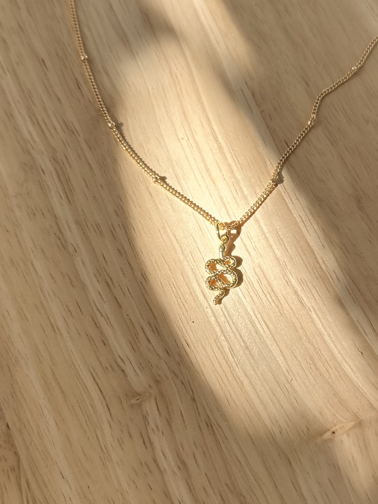 Textured snake pendant on a gold chain on a timber background
