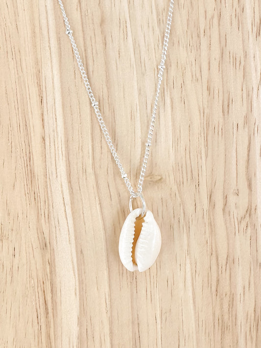 Natural cowrie shell pendant on a silver chain on a timber background