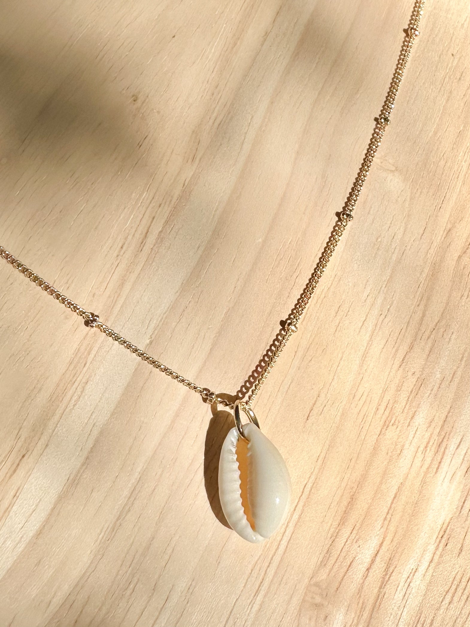 Gold cowrie shell necklace displayed on timber background with warm natural light.