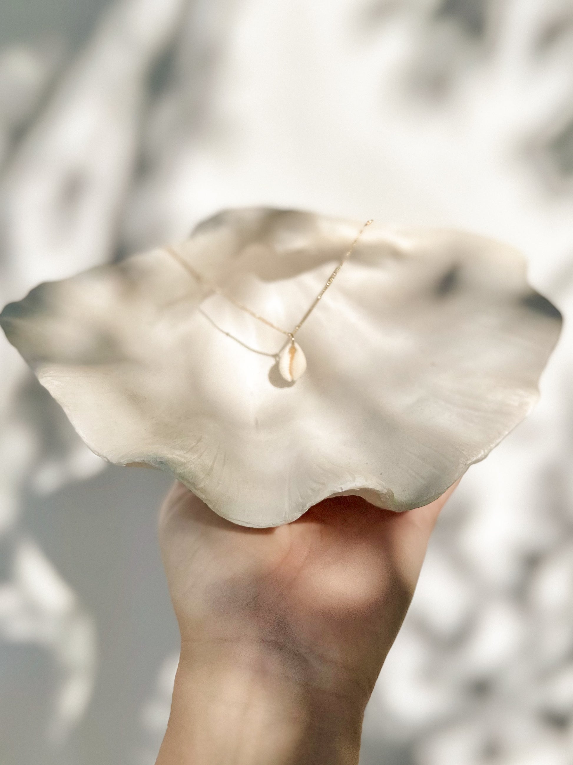 Gold cowrie shell necklace displayed on natural shell with warm natural light.