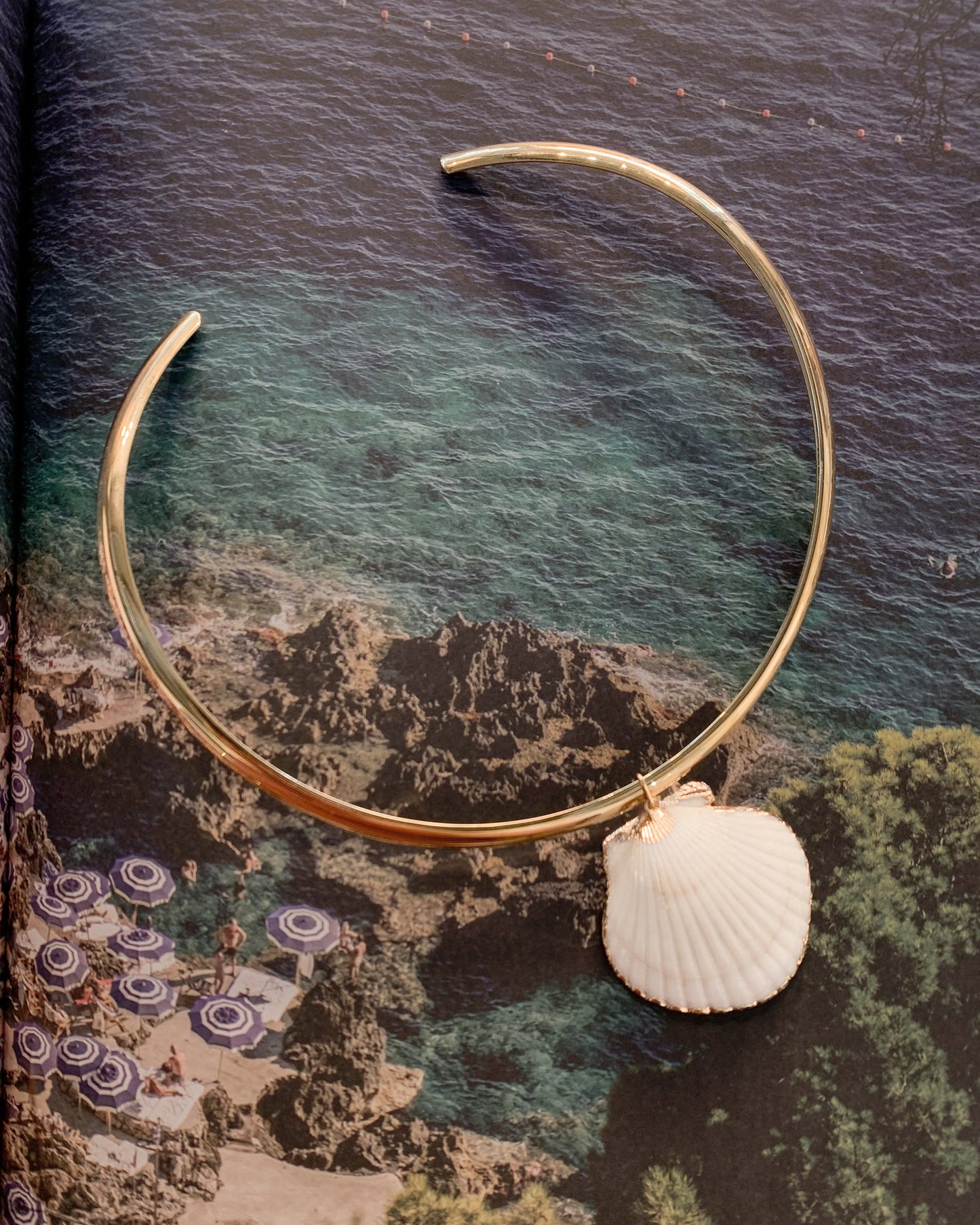 A gold-toned collar necklace with a white seashell charm, displayed on a textured dark slate surface with a scenic coastal print underneath.