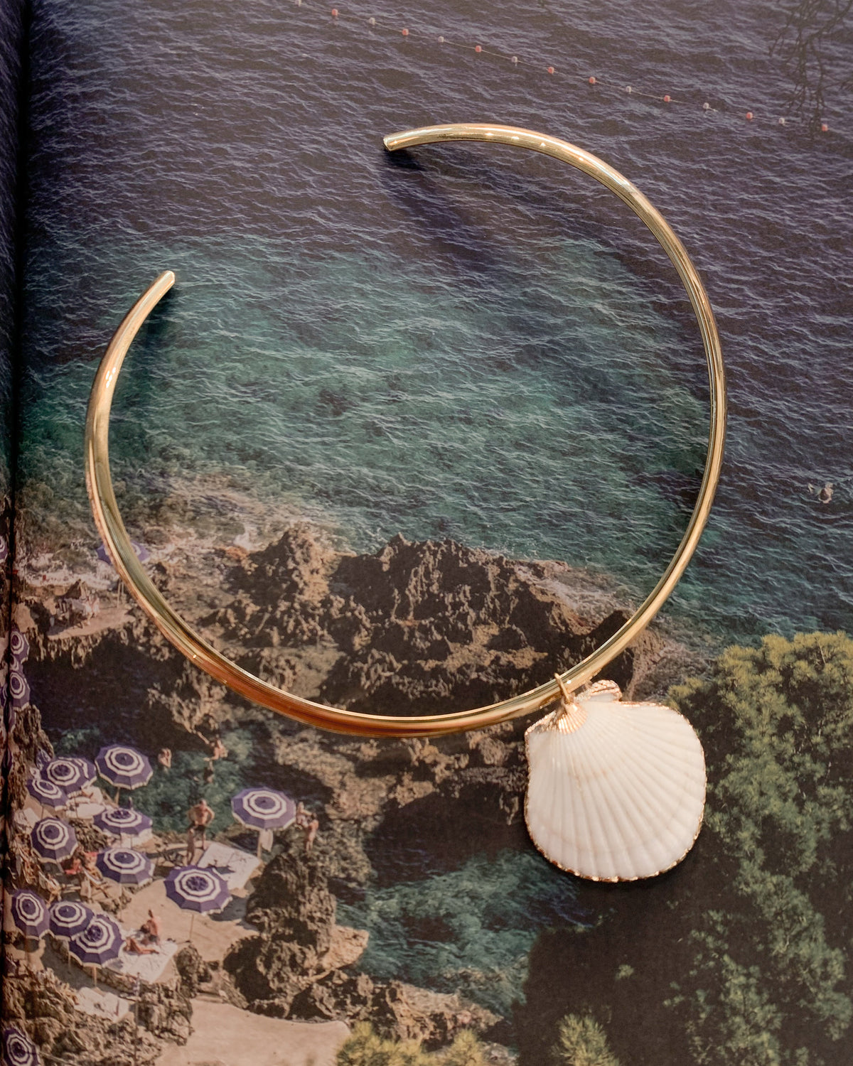 A gold-toned collar necklace with a white seashell charm, displayed on a textured dark slate surface with a scenic coastal print underneath.