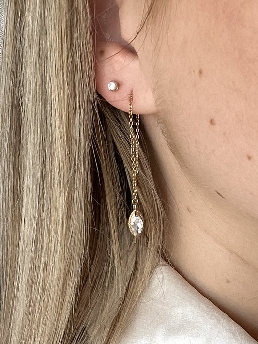 Close-up of an ear with a gold earring and cz marquise pendant, wearing a white top.