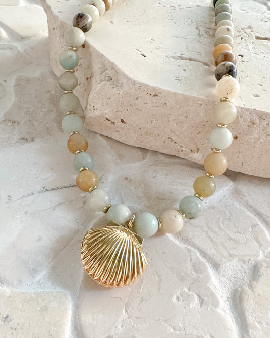 Nerina shell locket necklace with natural Amazonite gemstones and gold shell pendant